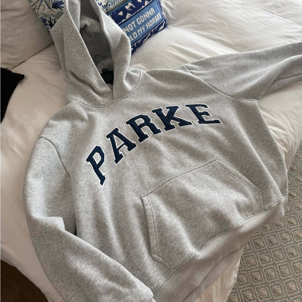 Parker Pullover Hoodie in Light Gray with Navy Appliqué